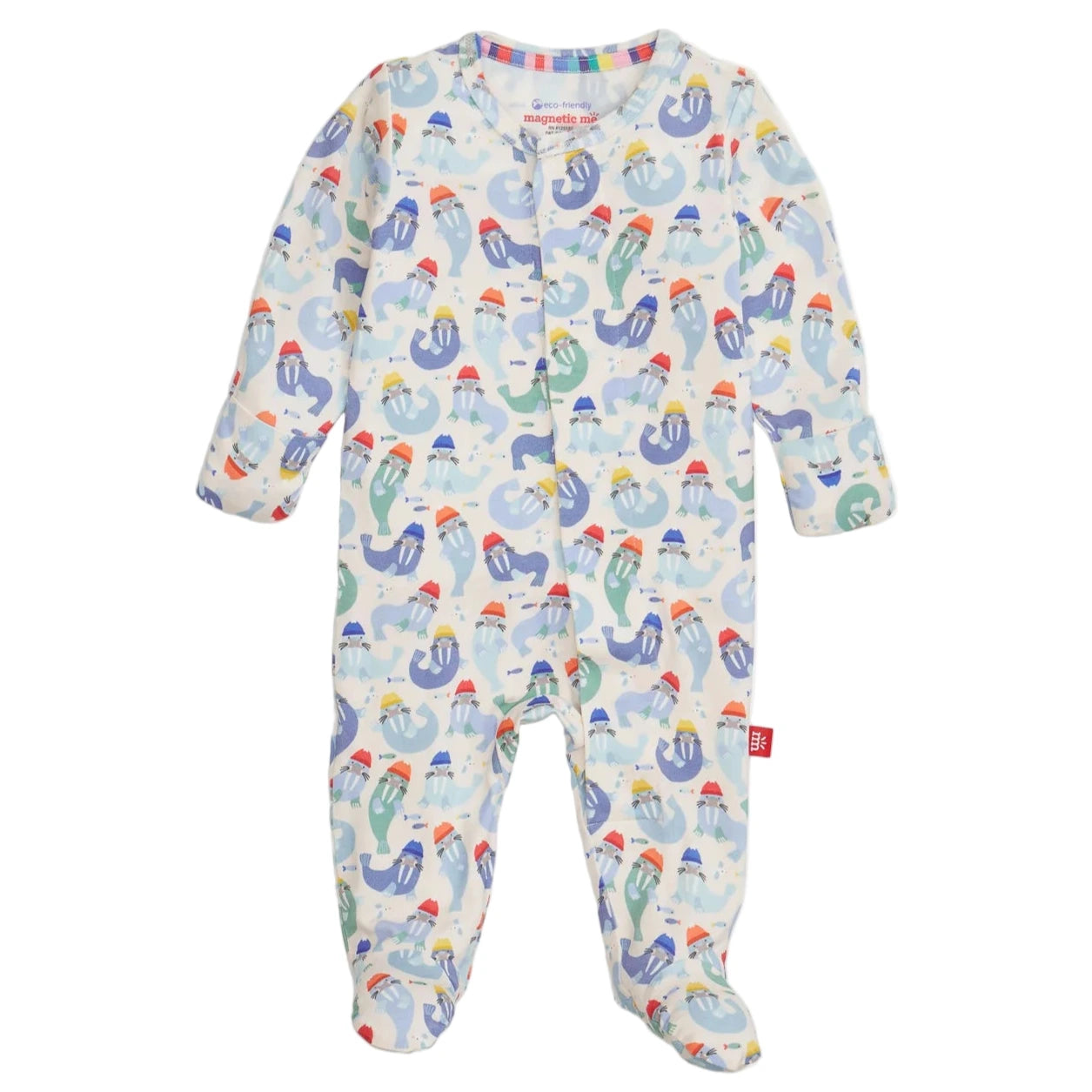 The Magnetic Me Captain Wally Modal Footie features a fun sloth print on white, long sleeves, and easy magnetic closures down the front for fast changes.