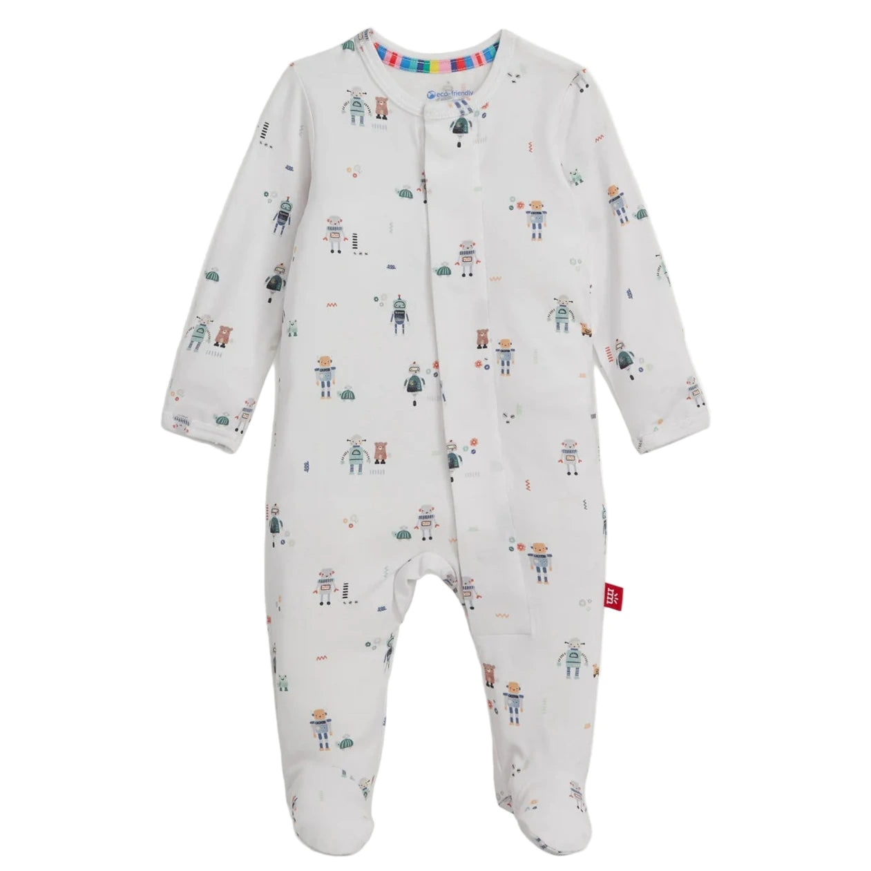 The Magnetic Me Baby Boys' Love You a Bot Modal Footie features long sleeves, footed legs, a vibrant robot print, and easy magnetic front closures.