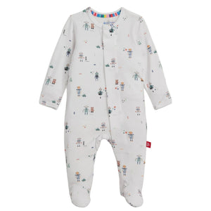 The Magnetic Me Baby Boys' Love You a Bot Modal Footie features long sleeves, footed legs, a vibrant robot print, and easy magnetic front closures.