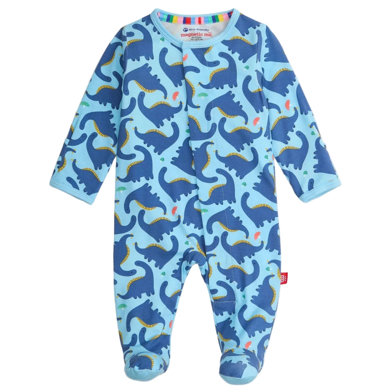 The Magnetic Me Baby Boys' Necks Generation Modal Footie is a light blue onesie with long sleeves, feet, a blue dinosaur print, rainbow-striped neckline, and magnetic closures for easy changing.