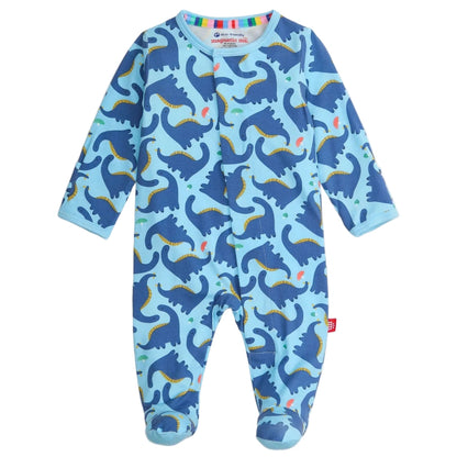The Magnetic Me Baby Boys' Necks Generation Modal Footie is a light blue onesie with long sleeves, feet, a blue dinosaur print, rainbow-striped neckline, and magnetic closures for easy changing.