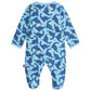 The Magnetic Me Baby Boys' Necks Generation Modal Footie features long sleeves, footed legs, a dark blue dinosaur print with yellow and green accents, and magnetic closures for easy changes.