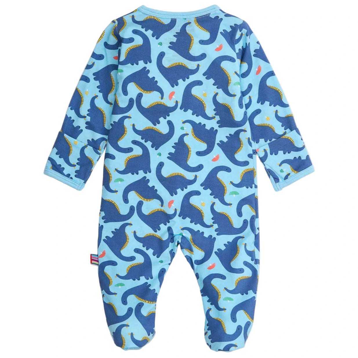 The Magnetic Me Baby Boys' Necks Generation Modal Footie features long sleeves, footed legs, a dark blue dinosaur print with yellow and green accents, and magnetic closures for easy changes.