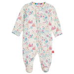The Magnetic Me Baby Girls' Tail of Magic with Ruffle Modal Magnetic Footie features long sleeves, covered feet, colorful castles, unicorns, flowers, and easy magnetic closures for quick changes.
