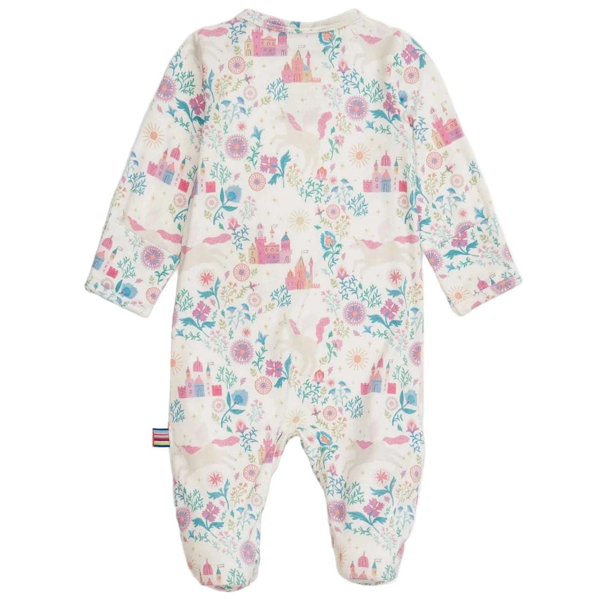 The Magnetic Me Baby Girls' Tail of Magic with Ruffle Modal Magnetic Footie features a fairy tale castle and floral print on white, long sleeves, and easy magnetic closures for quick diaper changes.