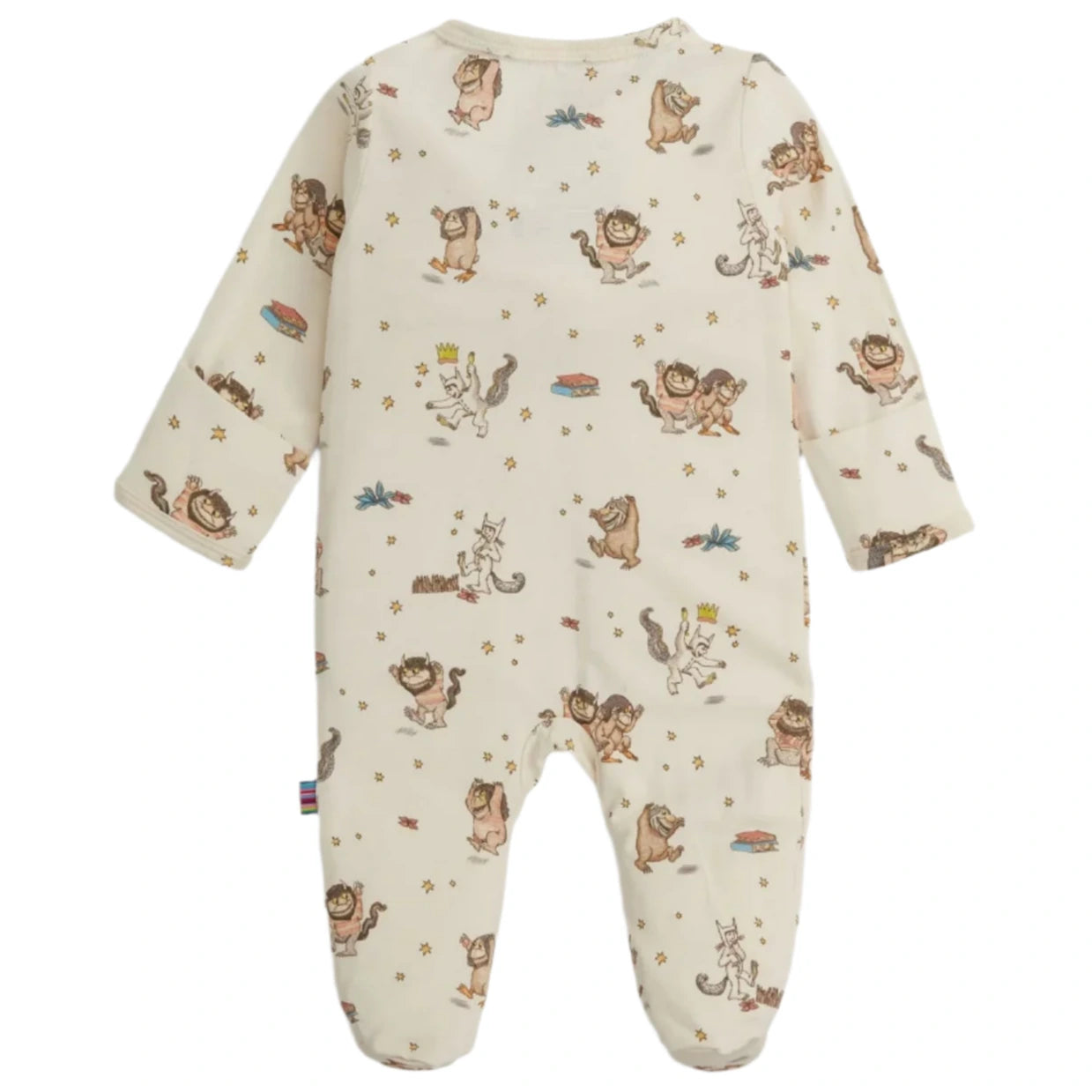 The Magnetic Me "Baby' Where the Wild Things Are Footie" is a cream-colored, loose-fitting baby onesie with long sleeves and footed legs, featuring character illustrations and stars, made from naturally flame retardant RightFit fabric.