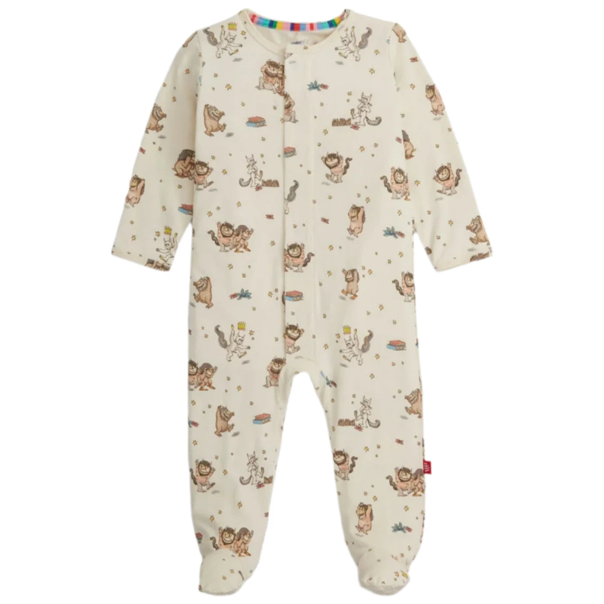 The Magnetic Me Baby' Where the Wild Things Are Footie is a cream-colored, long-sleeve onesie with snap buttons, playful animal illustrations, and is naturally flame retardant for peace of mind. Crafted from soft RightFit fabric.