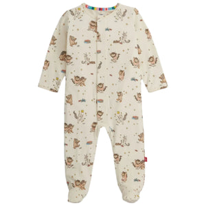 The Magnetic Me Baby' Where the Wild Things Are Footie is a cream-colored, long-sleeve onesie with snap buttons, playful animal illustrations, and is naturally flame retardant for peace of mind. Crafted from soft RightFit fabric.