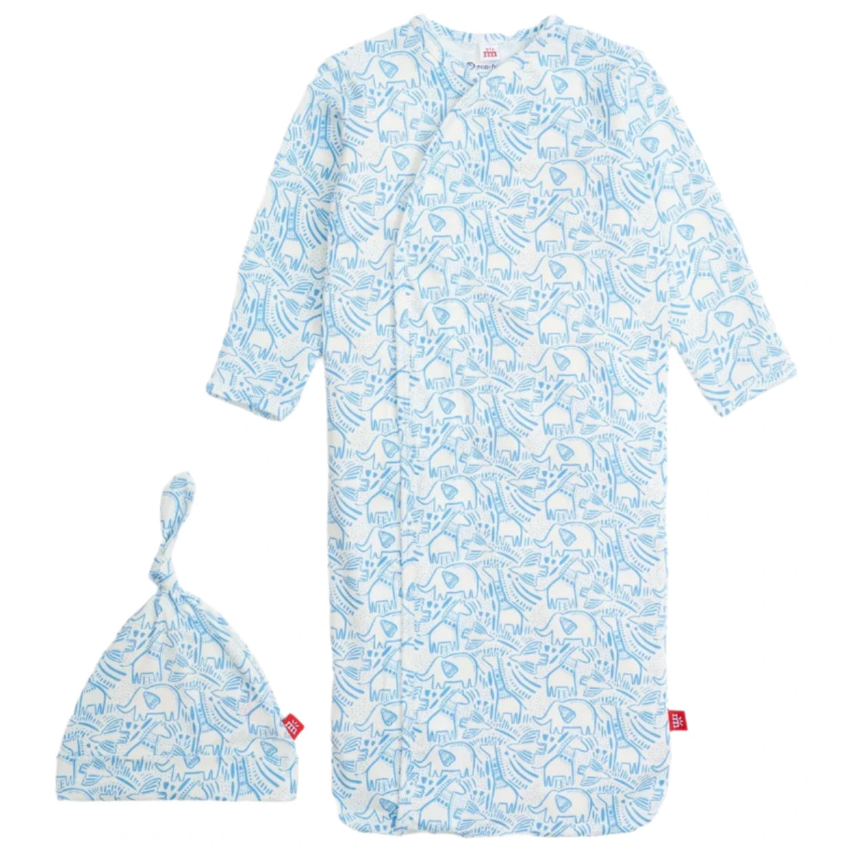 The Magnetic Me Baby Boys' Heards of a Feather Blue Modal Gown & Hat set features an abstract blue and white animal print, shown on a white background.
