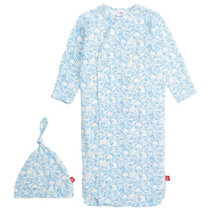 The Magnetic Me Baby Boys' Heards of a Feather Blue Modal Gown & Hat set features an abstract blue and white animal print, shown on a white background.