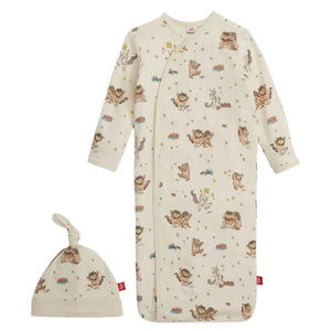 The Magnetic Me Baby' Where the Wild Things Are Gown & Hat set features a cream modal long-sleeve sleep sack with magnetic diaper change and a matching knot hat, both decorated with whimsical animal prints—ideal for newborns.