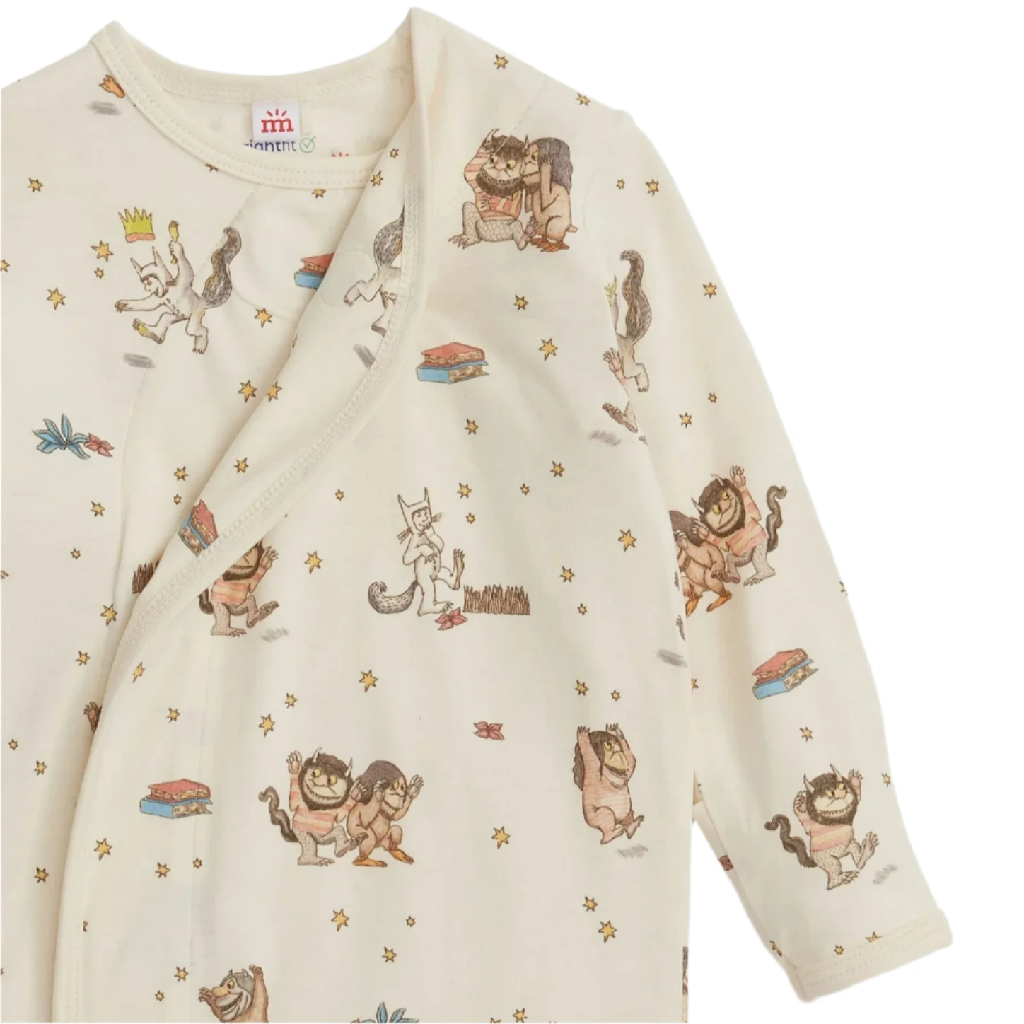 The Magnetic Me Baby 'Where the Wild Things Are' Gown & Hat features a cream color, playful monsters and main character print, soft modal fabric, and easy magnetic closures for quick diaper changes.