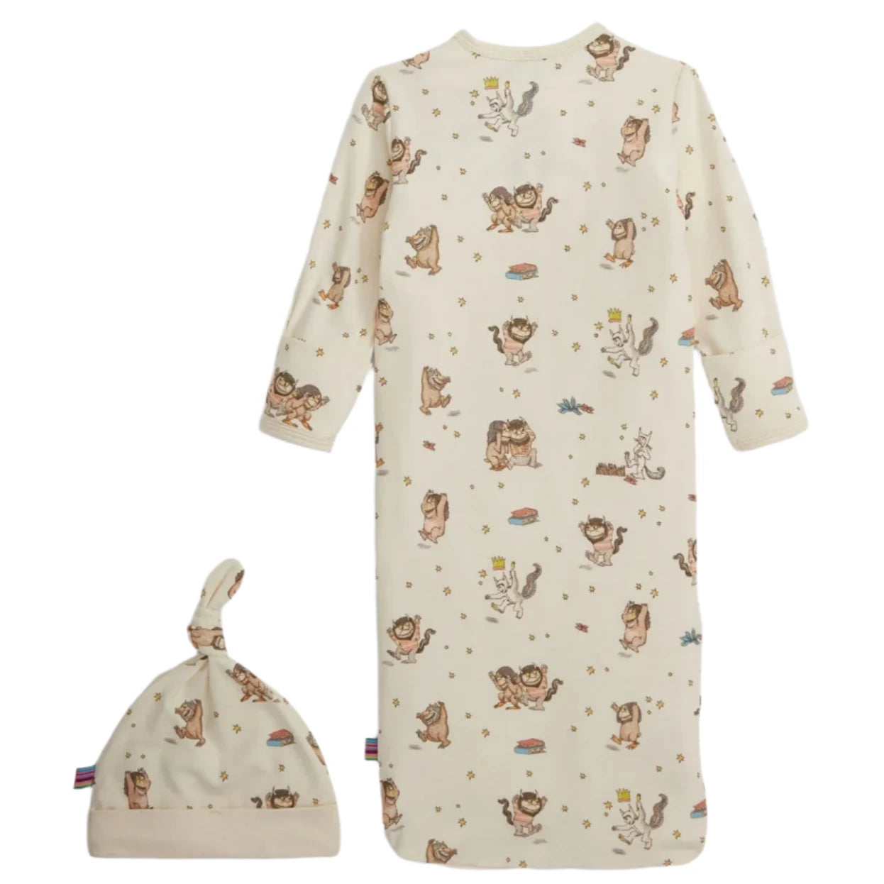The Magnetic Me Baby' Where the Wild Things Are Gown & Hat features playful illustrated characters and a magnetic closure for easy diaper changes, all in soft cream-colored modal fabric with a matching hat.