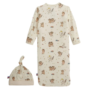 The Magnetic Me Baby' Where the Wild Things Are Gown & Hat features playful illustrated characters and a magnetic closure for easy diaper changes, all in soft cream-colored modal fabric with a matching hat.