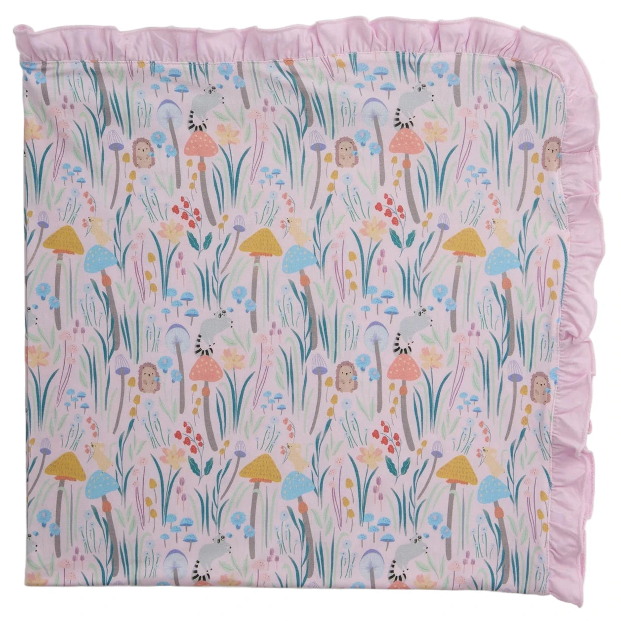 The Shroom and Bloom Modal Blanket with Ruffles by Magnetic Me features a whimsical mushroom and flower print. Made with breathable modal, it’s perfect as a stroller blanket and keeps your baby cozy all year round.