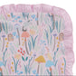 The Magnetic Me Shroom and Bloom Modal Blanket with Ruffles is a rectangular pink blanket with ruffled edges, decorated in a whimsical woodland print of hedgehogs, lemurs, mushrooms, and flowers in soft pastel hues. Perfect for babies!.