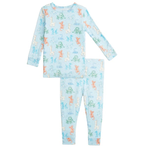 The Magnetic Me Baby and Kids' Party Animals Glow in the Dark Modal Magnetic PJ Set features long sleeves, pants, and a fun party animal print. Made from soft modal fabric with magnetic closures for easy dressing and extra comfort.