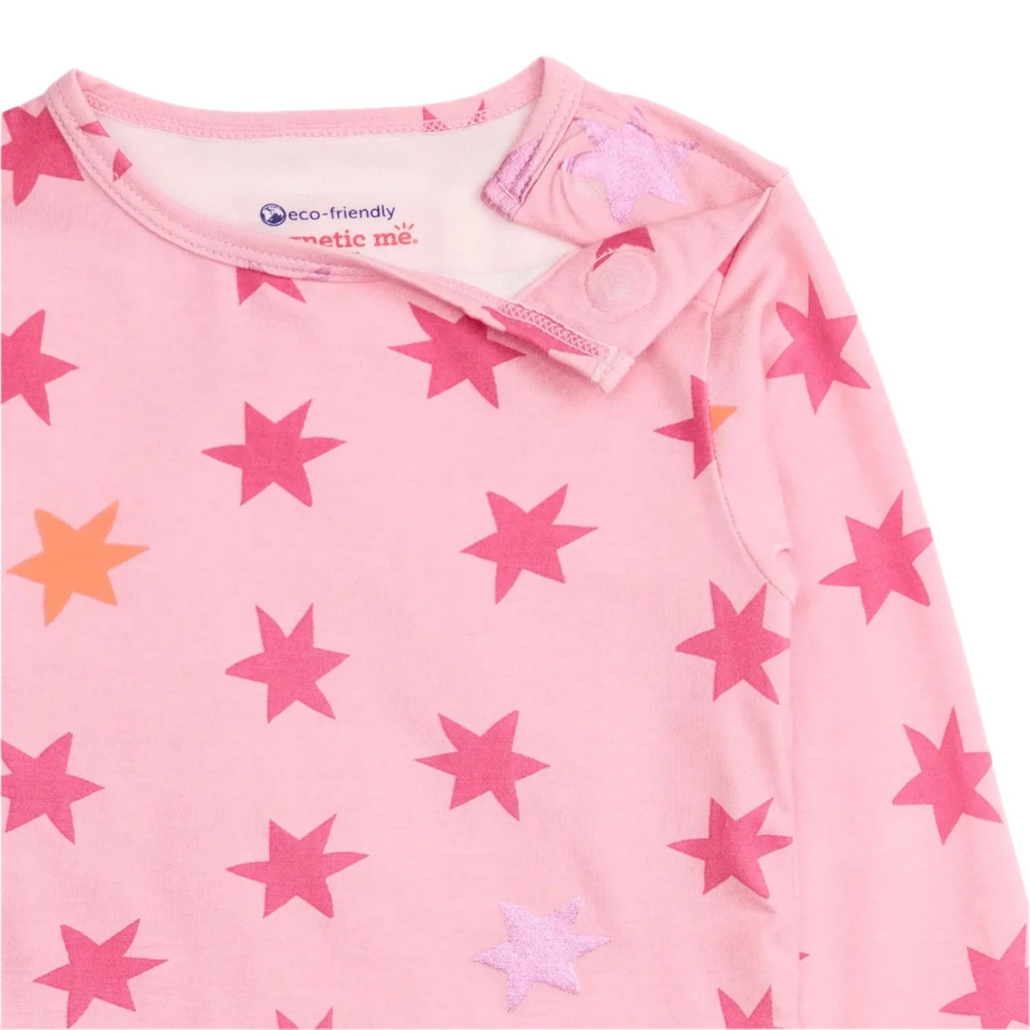 The Magnetic Me Baby Girls' and Girls' Cosmic Confetti Modal PJ Set features a soft pink long-sleeve top with darker pink and orange stars, crafted from modal fabric and designed with a snap button on the shoulder for easy dressing.
