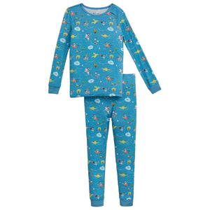 The Magnetic Me Baby Boys' and Boys' Good Knight Modal PJ Set is a two-piece blue pajama set with long sleeves and pants, featuring an all-over print of colorful animals and speech bubbles for cozy, playful nights.