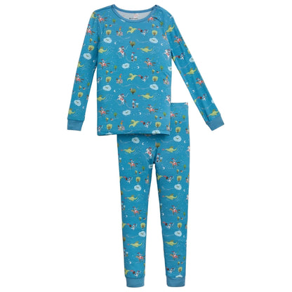 The Magnetic Me Baby Boys' and Boys' Good Knight Modal PJ Set is a two-piece blue pajama set with long sleeves and pants, featuring an all-over print of colorful animals and speech bubbles for cozy, playful nights.