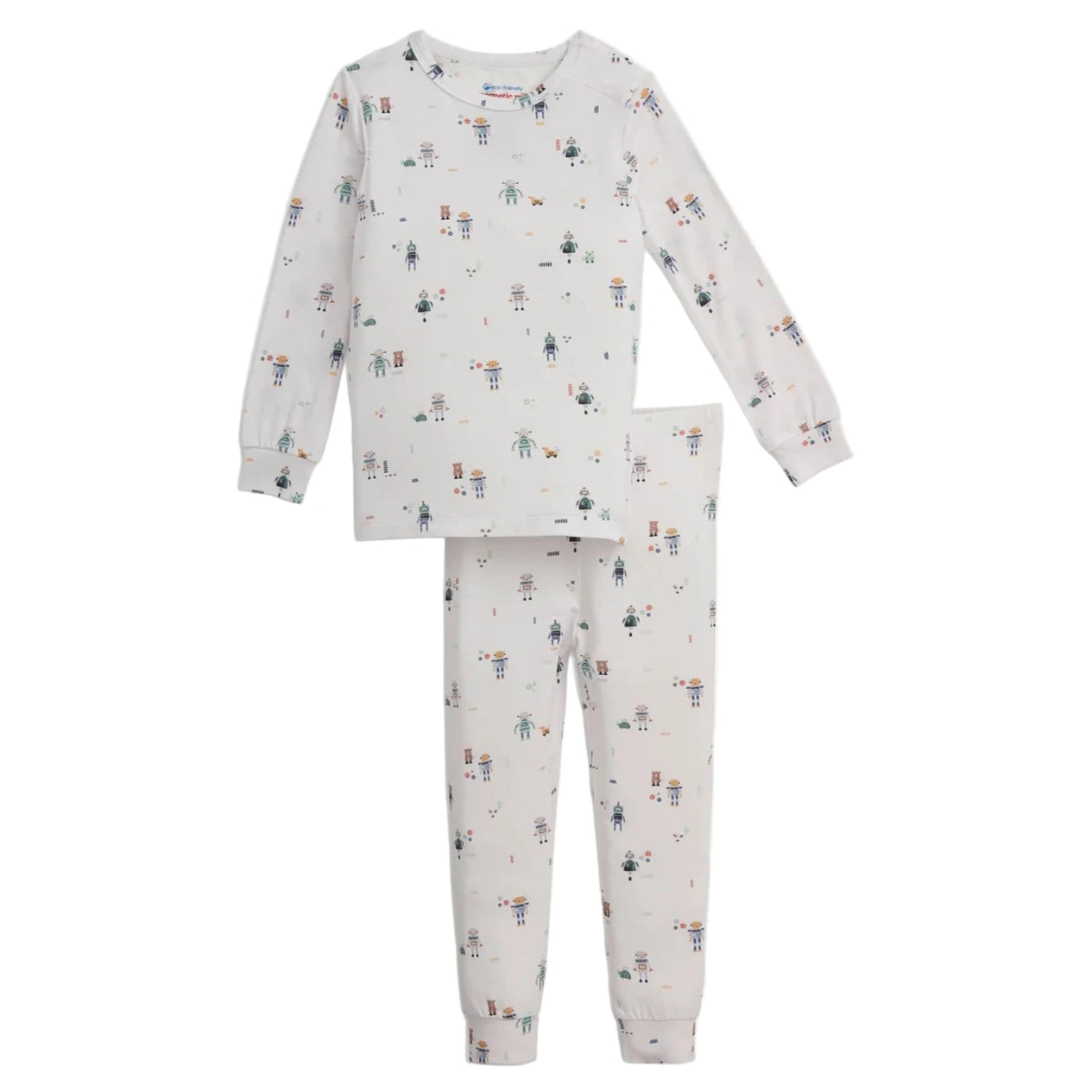 The Magnetic Me Baby Boys' and Boys' Love You a Bot Modal PJ Set features long sleeves and pants with a playful, colorful robot print on a white background, offering cozy softness and festive bedtime style.