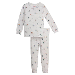 The Magnetic Me Baby Boys' and Boys' Love You a Bot Modal PJ Set features long sleeves and pants with a playful, colorful robot print on a white background, offering cozy softness and festive bedtime style.