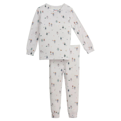 The Magnetic Me Baby Boys' and Boys' Love You a Bot Modal PJ Set features long sleeves and pants with a playful, colorful robot print on a white background, offering cozy softness and festive bedtime style.
