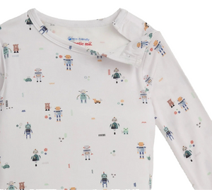 The Magnetic Me Baby Boys' and Boys' Love You a Bot Modal PJ Set features a long-sleeved white shirt with colorful robot and bear illustrations and an overlapping shoulder collar, perfect for kids' sleepwear.