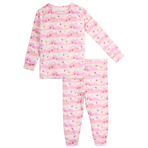 The Magnetic Me Baby and Kids' Apres Chic Modal PJ Set features long sleeves and pants in light pink with a mountain and floral print—perfect sleepwear for kids, shown flat on a white background.