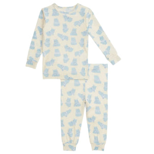 The Magnetic Me Baby Boys' and Boys' Pudgemuffin Magnetic PJ Set features long sleeves and pants with a light blue cat print on off-white modal fabric, offering soft, sustainable comfort for a cozy night's sleep.