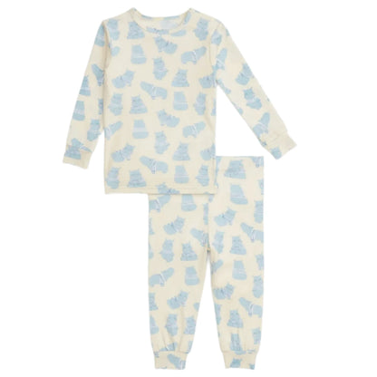 The Magnetic Me Baby Boys' and Boys' Pudgemuffin Magnetic PJ Set features long sleeves and pants with a light blue cat print on off-white modal fabric, offering soft, sustainable comfort for a cozy night's sleep.