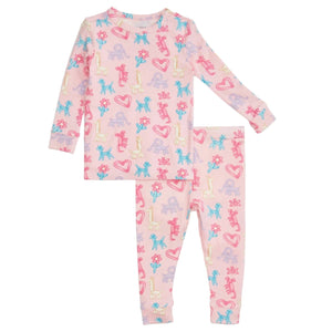 The Magnetic Me Baby and Kids' Party Animals Glow in the Dark Modal Magnetic PJ Set features soft modal fabric, fun animal and heart prints, and magnetic fasteners for easy dressing and extra comfort.