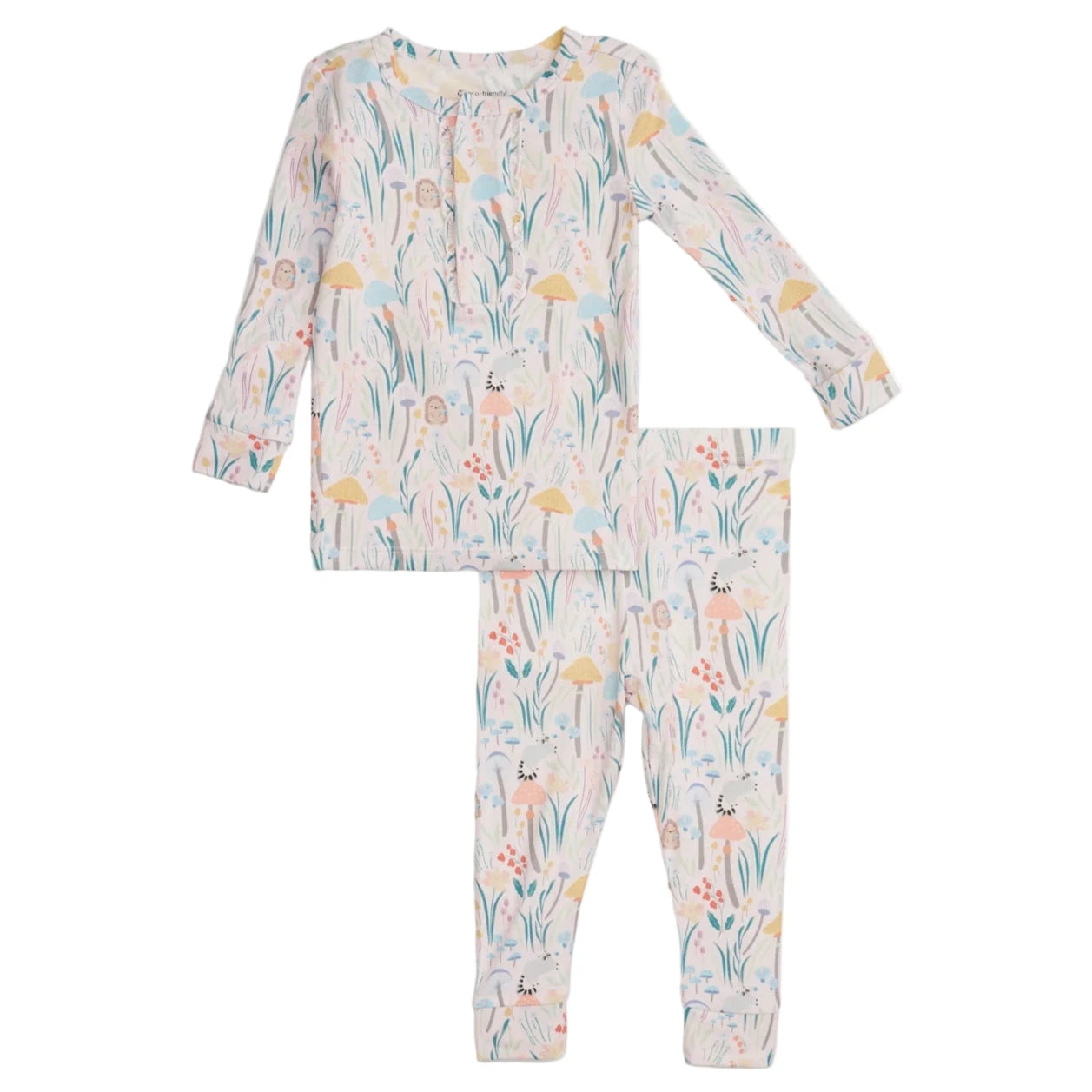 Magnetic Me Baby Girls' and Girls' Shroom and Bloom Modal Magnetic PJ Set: a soft, sustainable two-piece sleepwear set with long sleeves and pants, featuring a pastel animal and nature print on white for comfort and style.