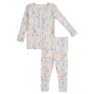 Magnetic Me Baby Girls' and Girls' Shroom and Bloom Modal Magnetic PJ Set: a soft, sustainable two-piece sleepwear set with long sleeves and pants, featuring a pastel animal and nature print on white for comfort and style.