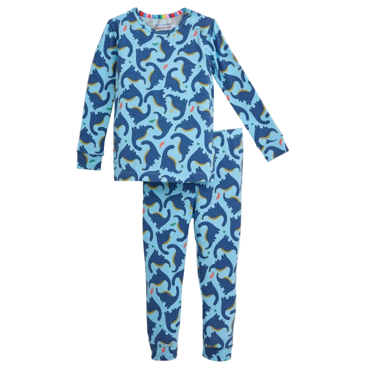 The Magnetic Me Baby Boys' and Boys' Necks Generation Modal PJ Set features a long-sleeve top and matching pants with a blue dinosaur pattern on a lighter blue background.