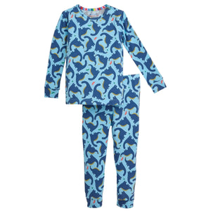 The Magnetic Me Baby Boys' and Boys' Necks Generation Modal PJ Set features a long-sleeve top and matching pants with a blue dinosaur pattern on a lighter blue background.