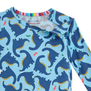 The Magnetic Me Baby Boys' and Boys' Necks Generation Modal PJ Set features a light blue long-sleeve shirt with dark blue dinosaur prints, small colorful shapes, and a rainbow-striped inner collar—perfect for stylish comfort.