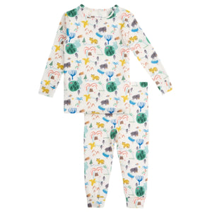 The Magnetic Me Baby Boys' and Boys' Wooly Big Deal Modal PJ Set features long sleeves and a white base with colorful prints of tigers, buffalo, trees, and rainbows.