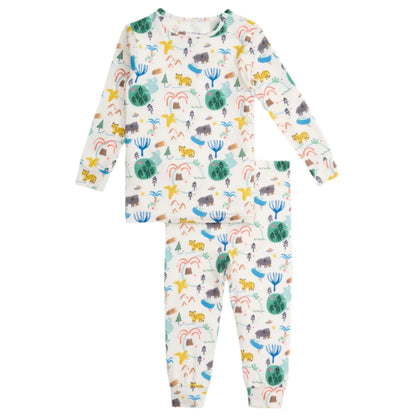 The Magnetic Me Baby Boys' and Boys' Wooly Big Deal Modal PJ Set features long sleeves and a white base with colorful prints of tigers, buffalo, trees, and rainbows.