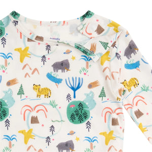 The Magnetic Me Baby Boys' and Boys' Wooly Big Deal Modal PJ Set is a soft, long-sleeve pajama featuring colorful elephants, cheetahs, trees, and mountains on a crisp white background.
