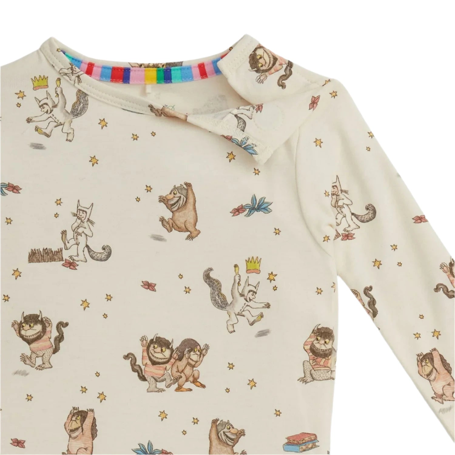 The Magnetic Me Baby and Kids' Where The Wild Things Are PJ Set features cream-colored long sleeves, illustrated characters, colorful collar trim, and is made with soft RightFit fabric for all-night comfort.
