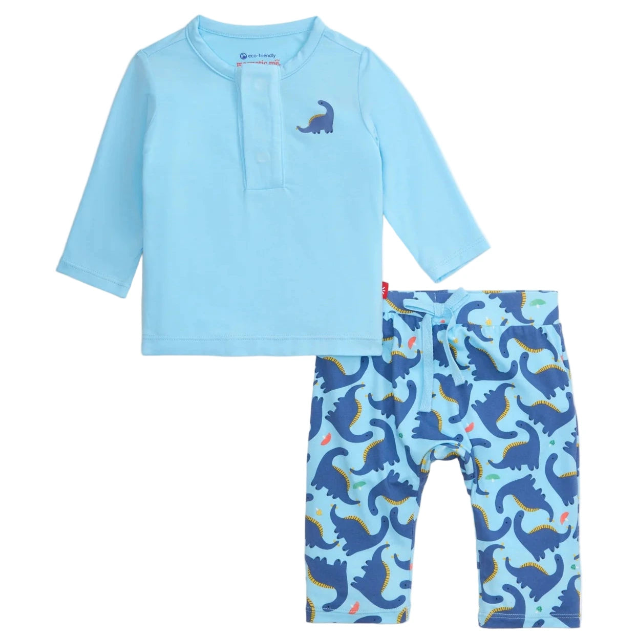 The Magnetic Me Baby Boys' Necks Generation Modal Long Sleeve Henley + Pant Set features a light blue top with a small dinosaur graphic and matching pants with an all-over blue dinosaur print—crafted for comfort and easy diaper changes.