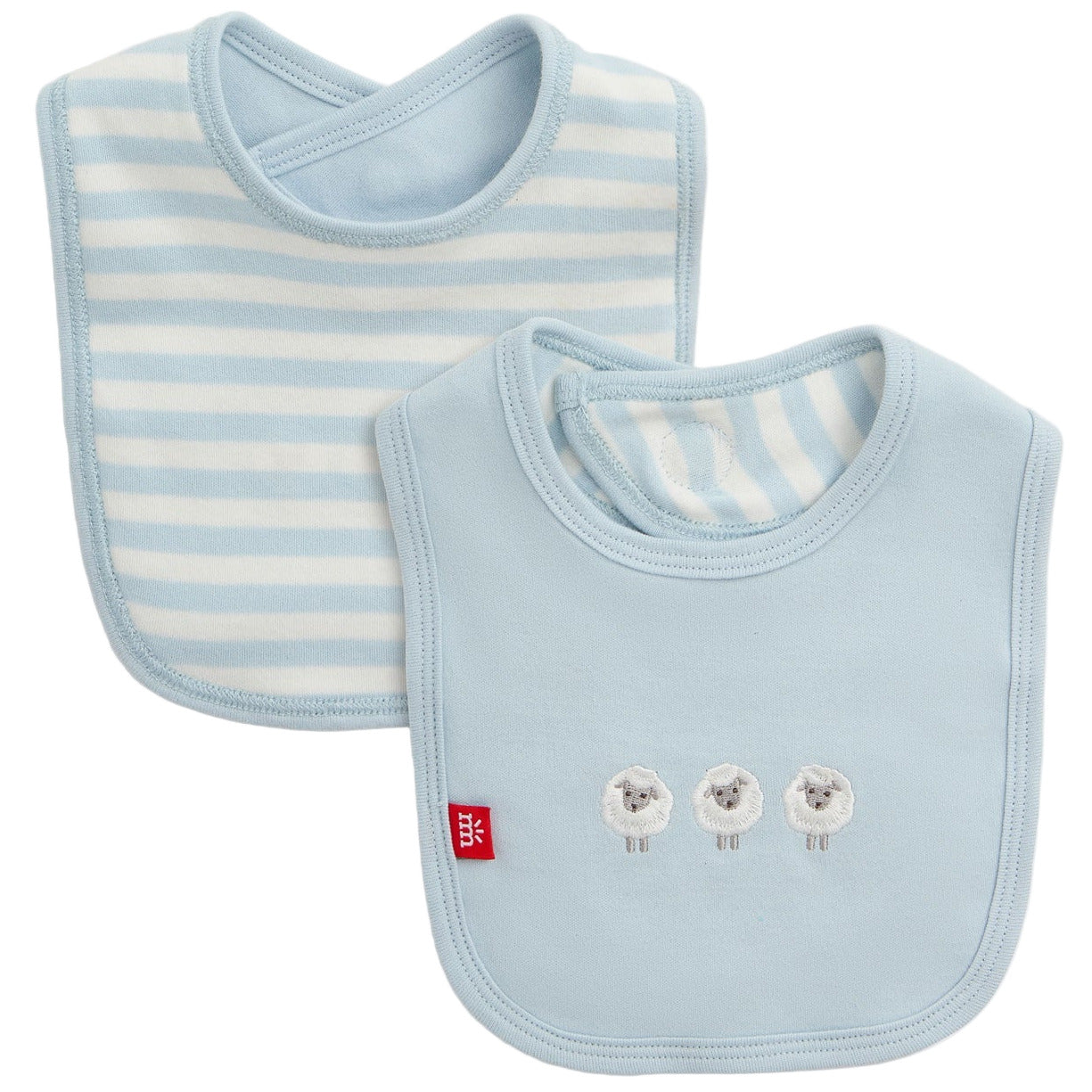 The Magnetic Me Stripe Organic Cotton Bib with Emb. set includes one bib with light blue and white stripes and one solid light blue bib featuring three embroidered sheep, both made from soft organic cotton for baby’s comfort.