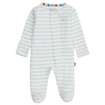 The Magnetic Me Baby Stripe Organic Cotton Magnetic Footie features light blue and white stripes, long sleeves, and easy magnetic closures, shown on a plain white background.