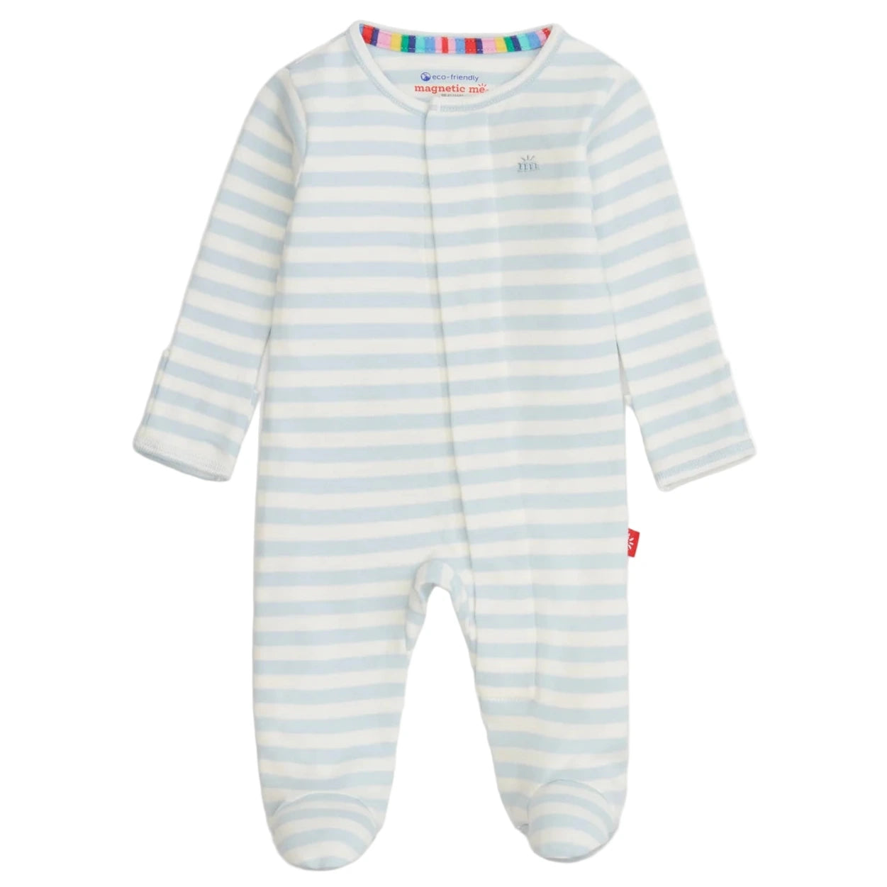 The Magnetic Me Baby Stripe Organic Cotton Magnetic Footie features light blue and white stripes, long sleeves, and easy magnetic closures, shown on a plain white background.