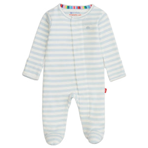 The Magnetic Me Baby Stripe Organic Cotton Magnetic Footie features light blue and white stripes, long sleeves, and easy magnetic closures, shown on a plain white background.