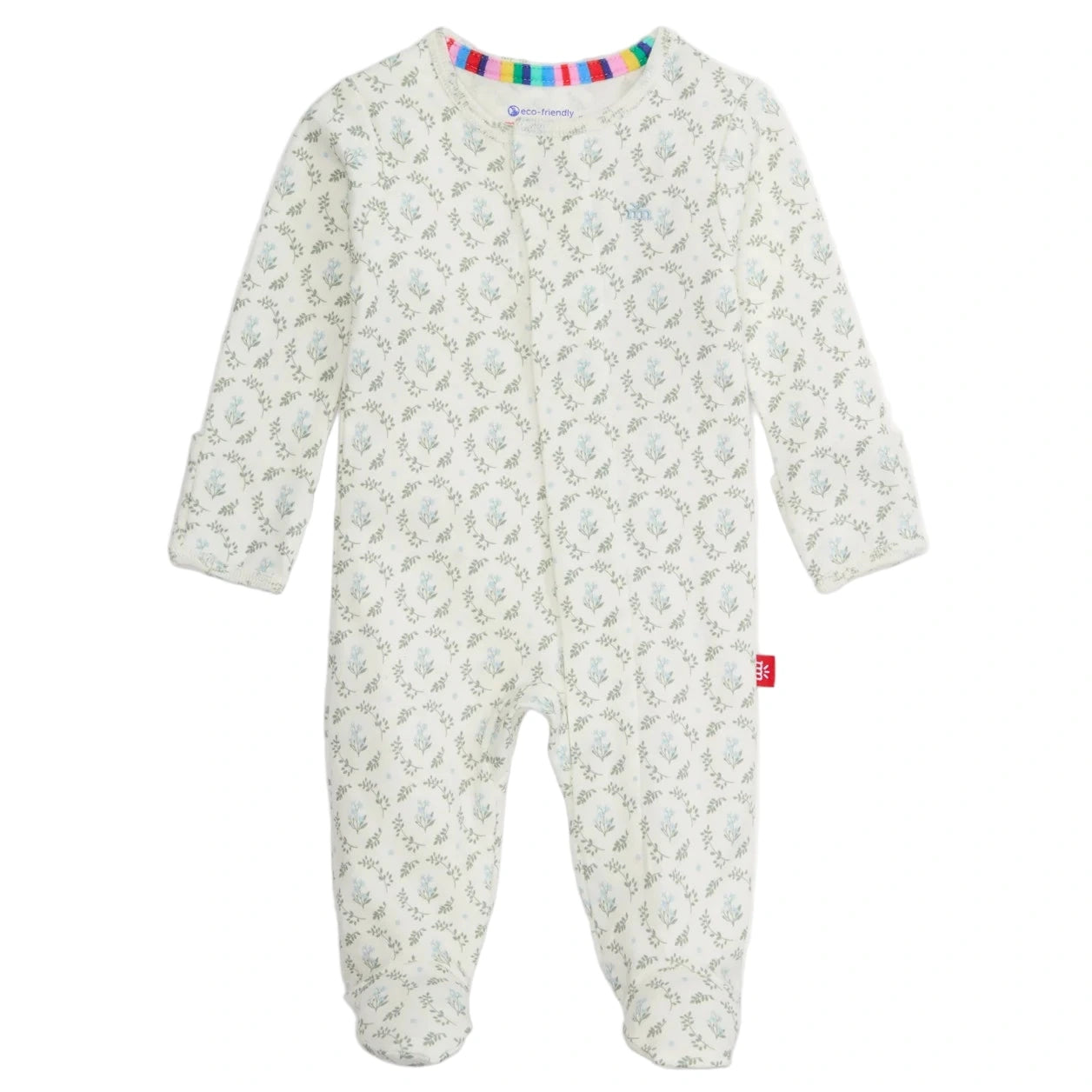 The Magnetic Me Baby Girl's Eloise Organic Cotton Magnetic Footie features long sleeves, a white base with green floral prints, a colorful striped neckline trim, and easy magnetic closures.
