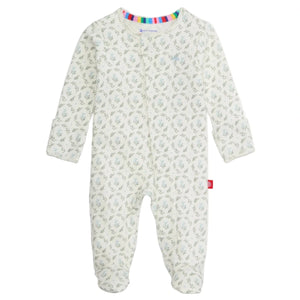 The Magnetic Me Baby Girl's Eloise Organic Cotton Magnetic Footie features long sleeves, a white base with green floral prints, a colorful striped neckline trim, and easy magnetic closures.