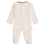The Magnetic Me Baby Stripe Organic Cotton Magnetic Footie features light pink and white stripes, long sleeves, footed design, a hidden magnetic front closure, and is made from soft organic cotton for comfort.