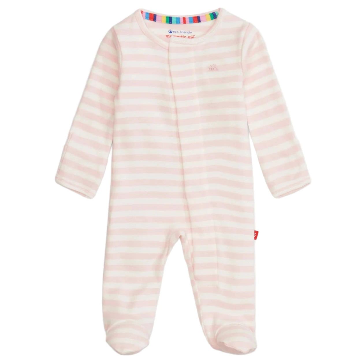 The Magnetic Me Baby Stripe Organic Cotton Magnetic Footie features light pink and white stripes, long sleeves, footed design, a hidden magnetic front closure, and is made from soft organic cotton for comfort.